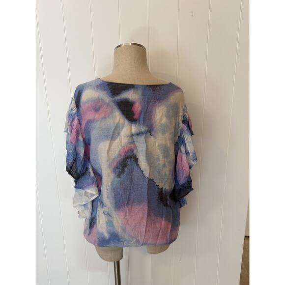 Zac & Rachel Blouse Womens Large Ruffle Sleeve Watercolor Top Lightweight Flowy - Picture 5 of 9